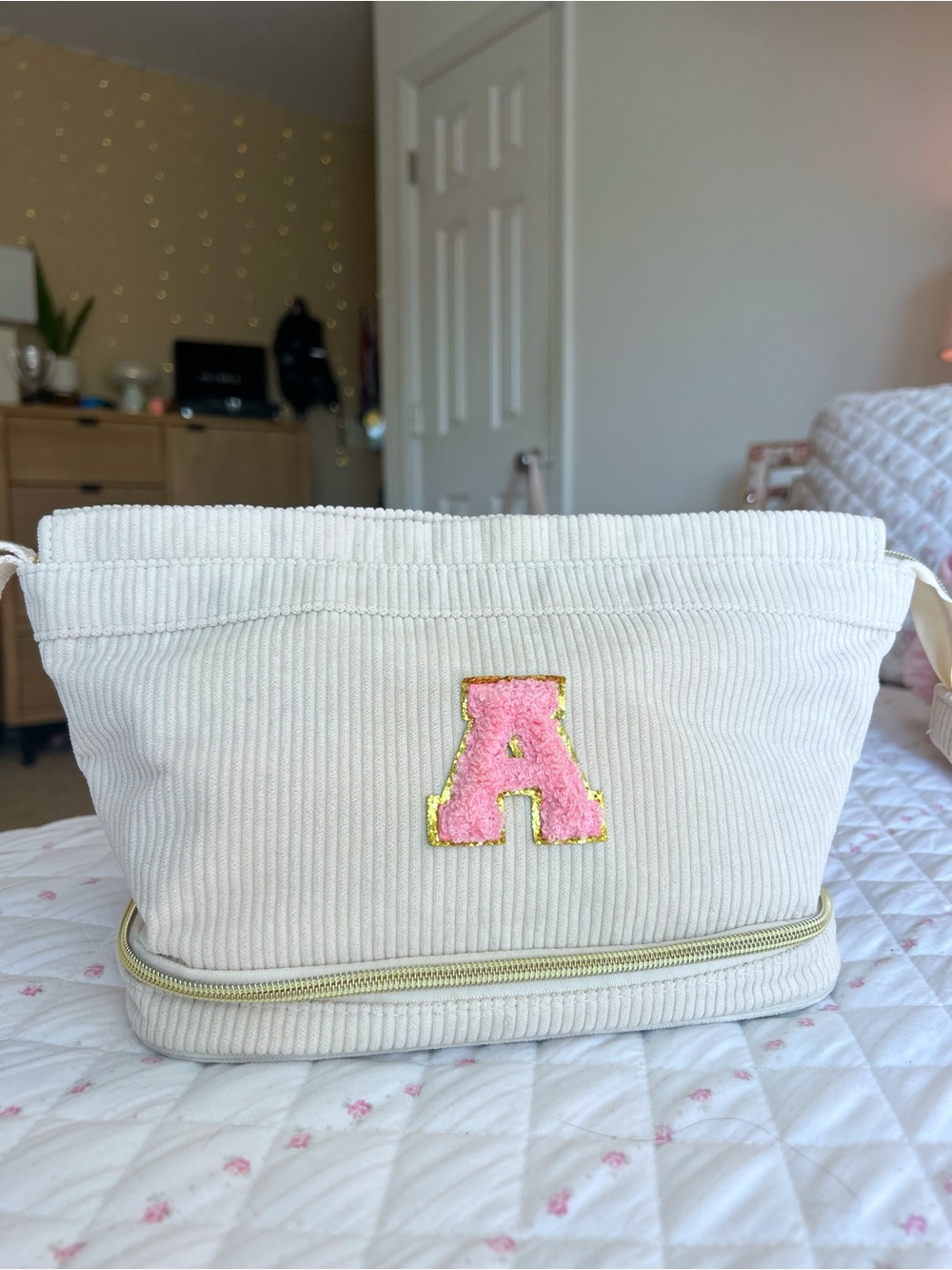 Beige Corduroy Travel Makeup Bag Pink Chenille A Initial Double Layer Cosmetic